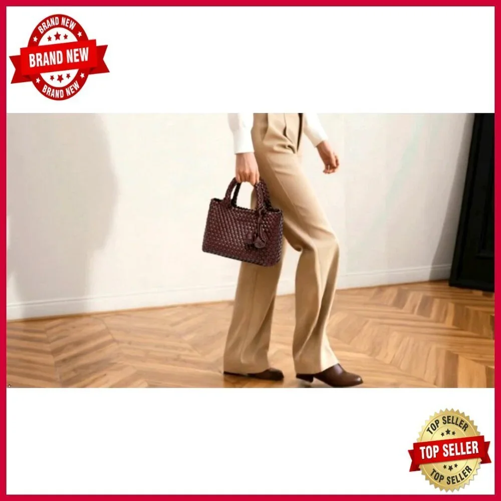 Leather Woven Tote Bag with Clutch, Adjustable Strap, Hobo Style